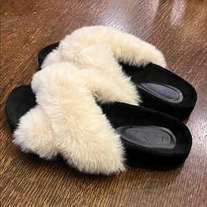 LOFT Black and Cream Faux Fur Slippers